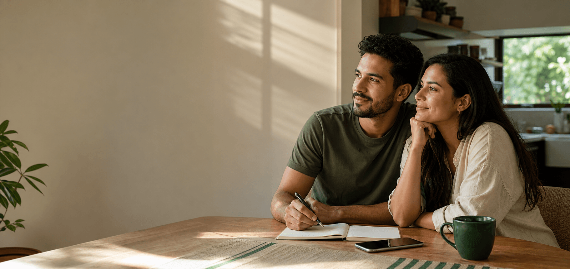 Casal brasileiro planejando o futuro financeiro em sua casa nos Estados Unidos